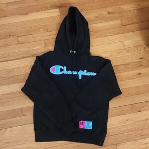 Champion Reverse Weave patch graphic Hoodie Pullover Black Small Men vintage